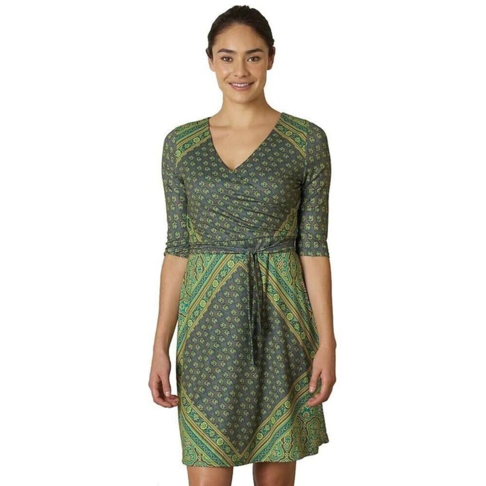 EUC Women's PRANA Belladonna Faux Wrap Stretch Dress Green |‎ Size M